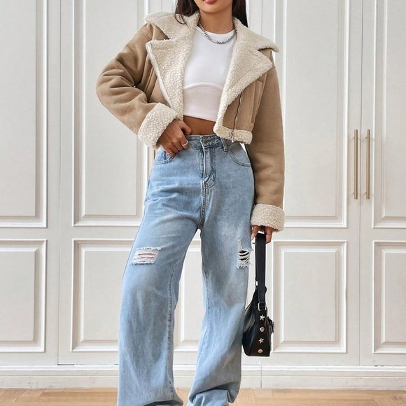 Boho Faux Teddy Lined Zip Up Moto Cropped Jacket Khaki - Picture 2 of 7